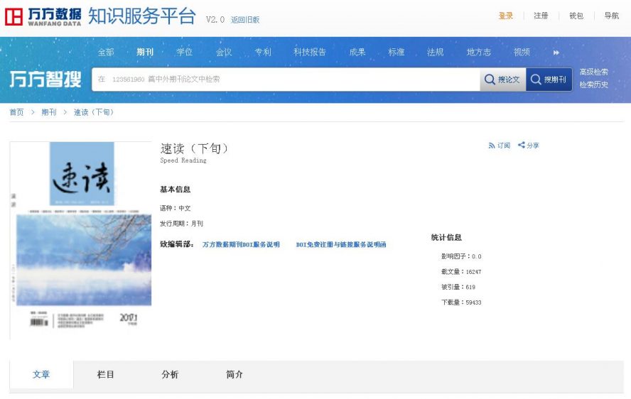 《速讀》期刊在萬方期刊網(wǎng)上的截圖